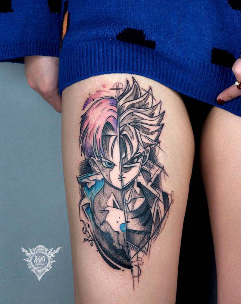 龙珠 特兰克斯纹身图片_腿部点刺水彩纹身图案