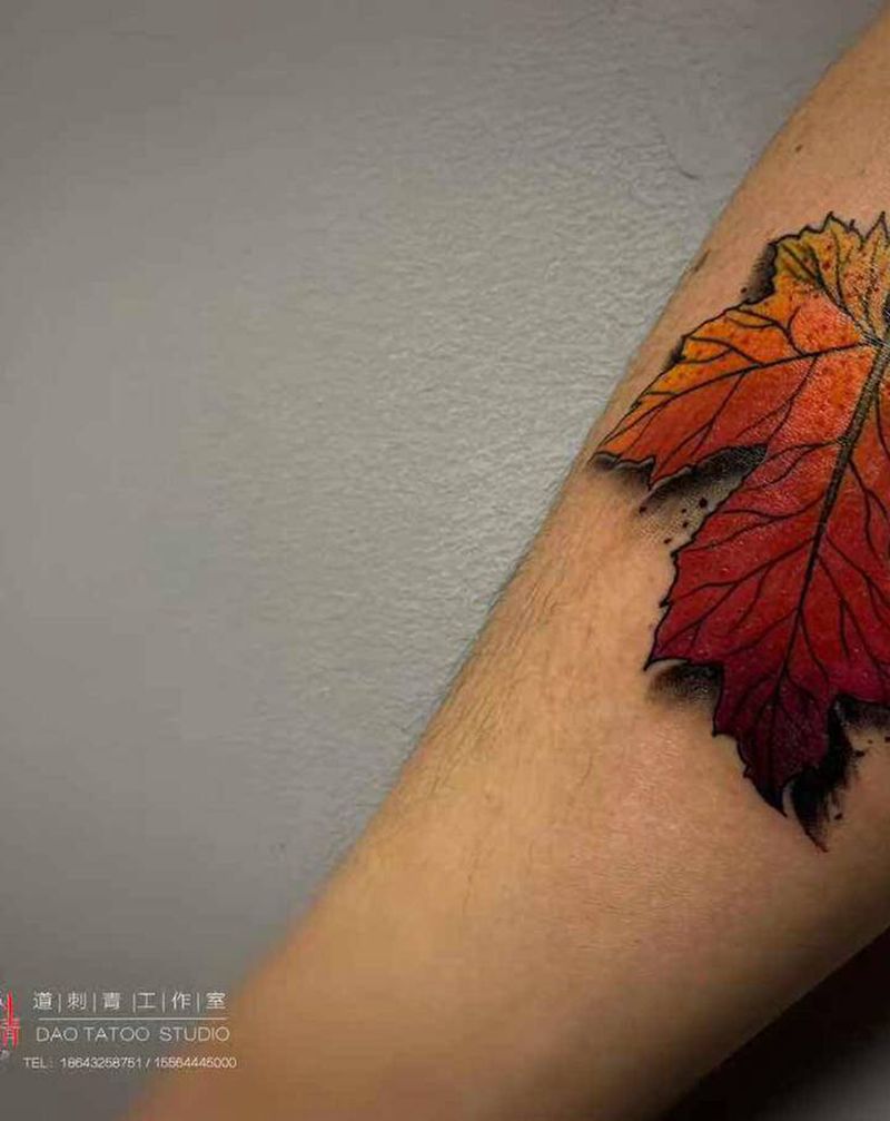 枫叶一枚纹身图片_手臂新传统欧美写实纹身图案