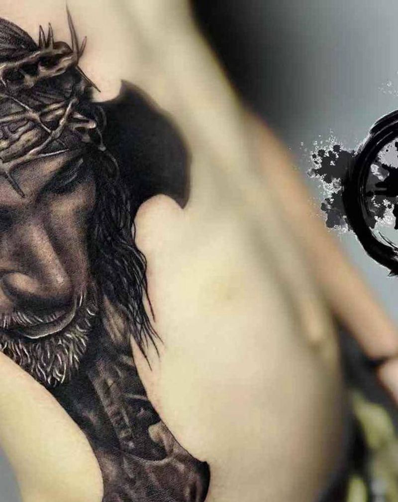 耶稣纹身图片_腰部腹部欧美写实纹身图案