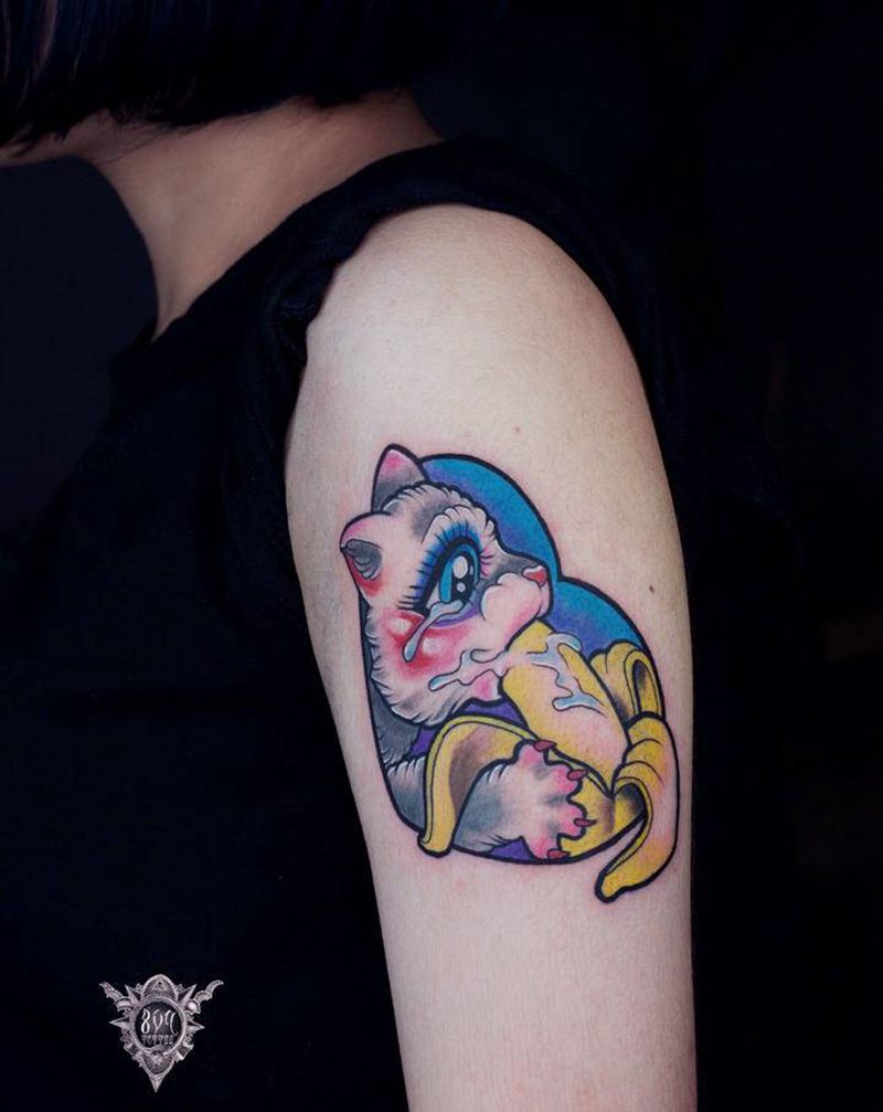 Newschool吃香蕉的猫纹身图片_手臂New School纹身图案