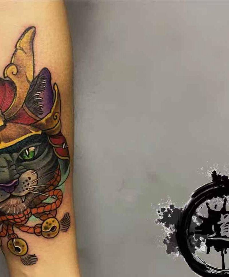 武士猫一枚纹身图片_手部手臂新传统纹身图案