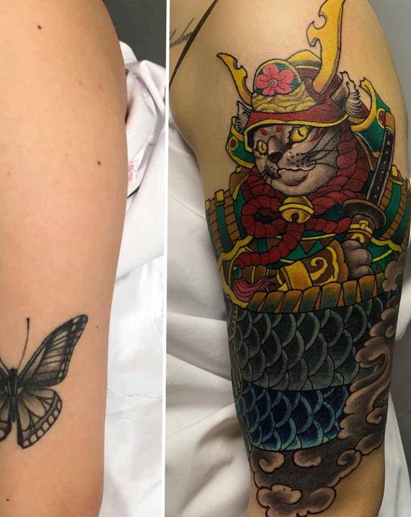 遮盖蝴蝶一枚，武士猫一枚纹身图片_手臂手部新传统水墨纹身图案