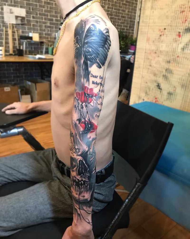 2020年花臂01纹身图片_手臂水墨水彩纹身图案