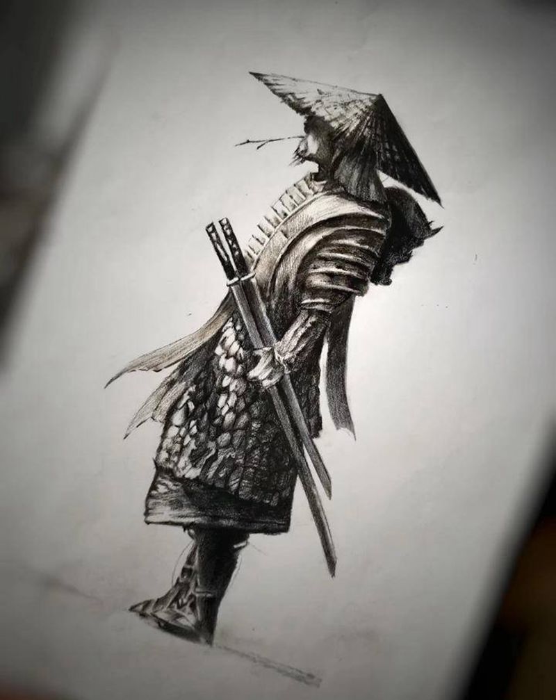 武士纹身图片_手臂欧美写实水墨纹身图案