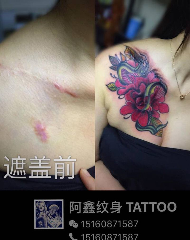 疤痕遮盖纹身图片_颈部纹身图案