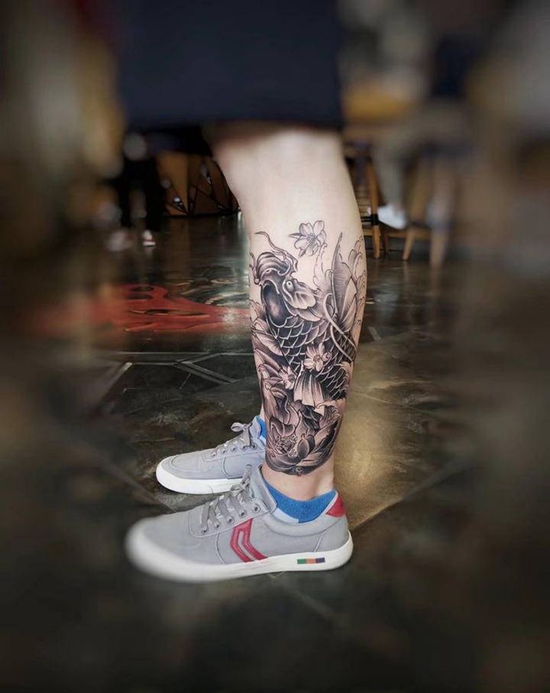 大鱼纹身图片_腿部新传统老传统纹身图案