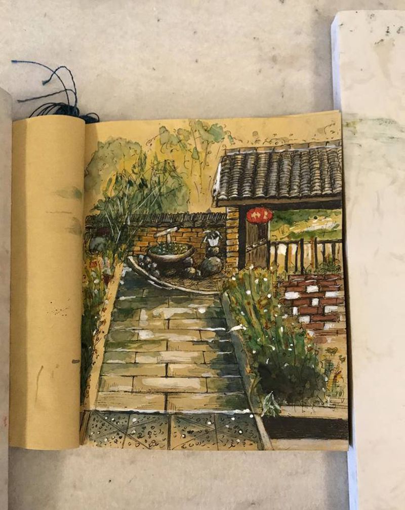 理想的小院子纹身图片_水彩水墨纹身图案