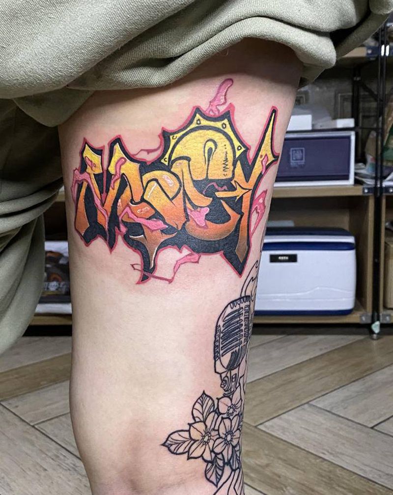 newschool花腿进行中纹身图片_腿部New School纹身图案