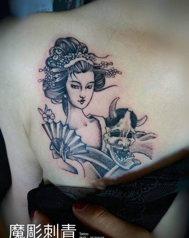 艺妓纹身图片_胸部老传统新传统纹身图案