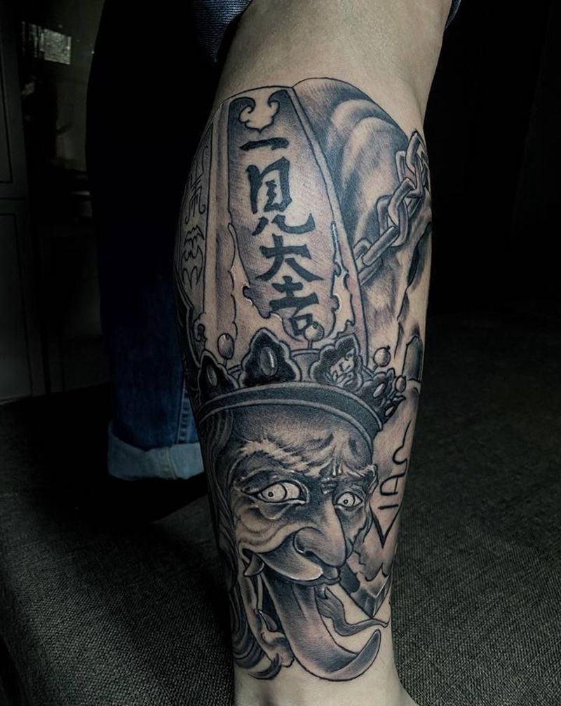 黑白无常纹身图片_腿部老传统新传统纹身图案