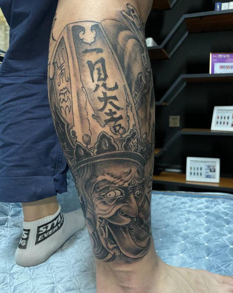 黑白无常花腿纹身图片_腿部新传统老传统纹身图案