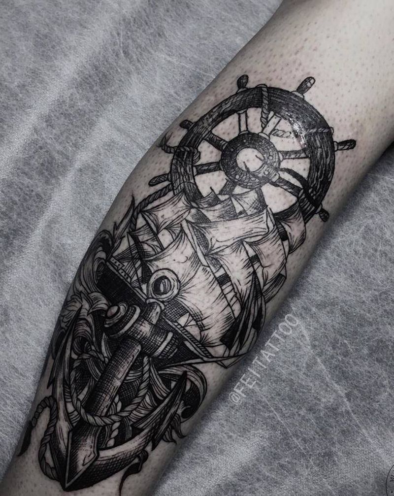 帆船遮盖未完成纹身图片_腿部欧美写实纹身图案