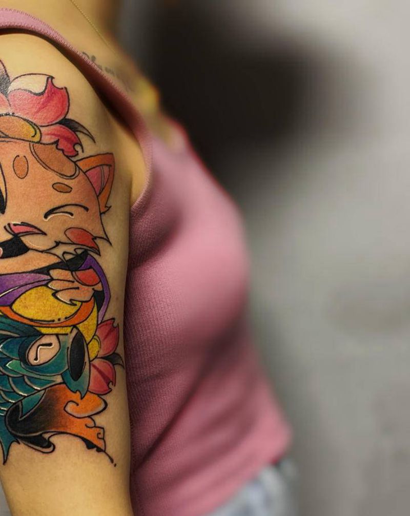 小猫咪纹身图片_手部手臂新传统Old School纹身图案