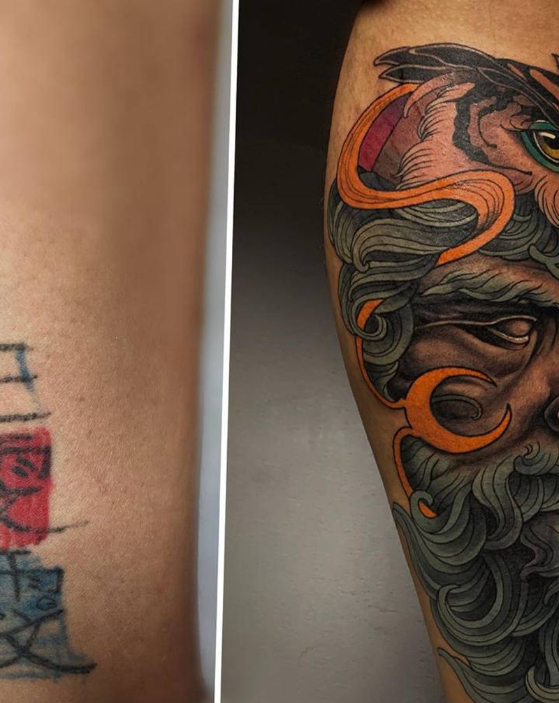 遮盖作品纹身图片_腿部脚部Old SchoolNew School纹身图案