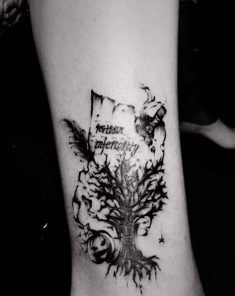 树枝遮盖纹身图片_腿部点刺遮盖树信封纹身图案
