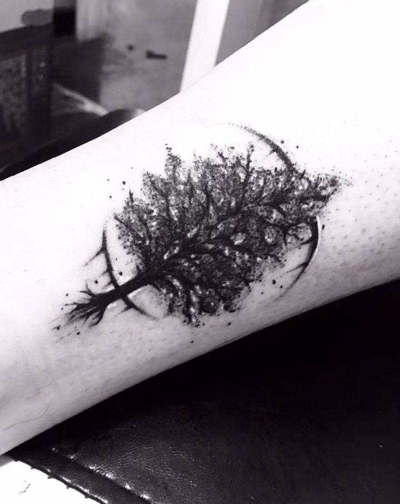 树纹身图片_腿部点刺树点刺纹身图案