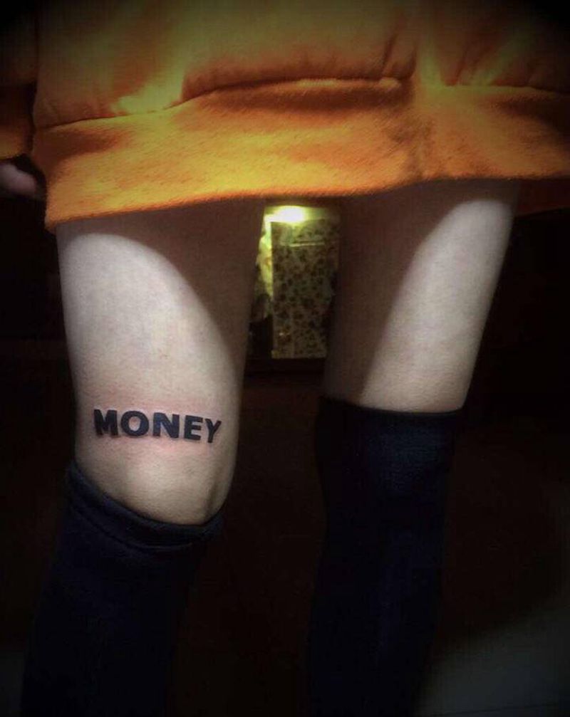 money纹身图片_腿部图腾几何字母纹身图案