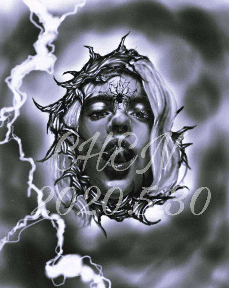 原创暗黑肖像纹身图片_腿部欧美写实荆棘肖像暗黑纹身图案