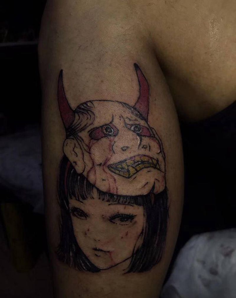 富江纹身图片_腿部点刺老传统富江暗黑般若纹身图案