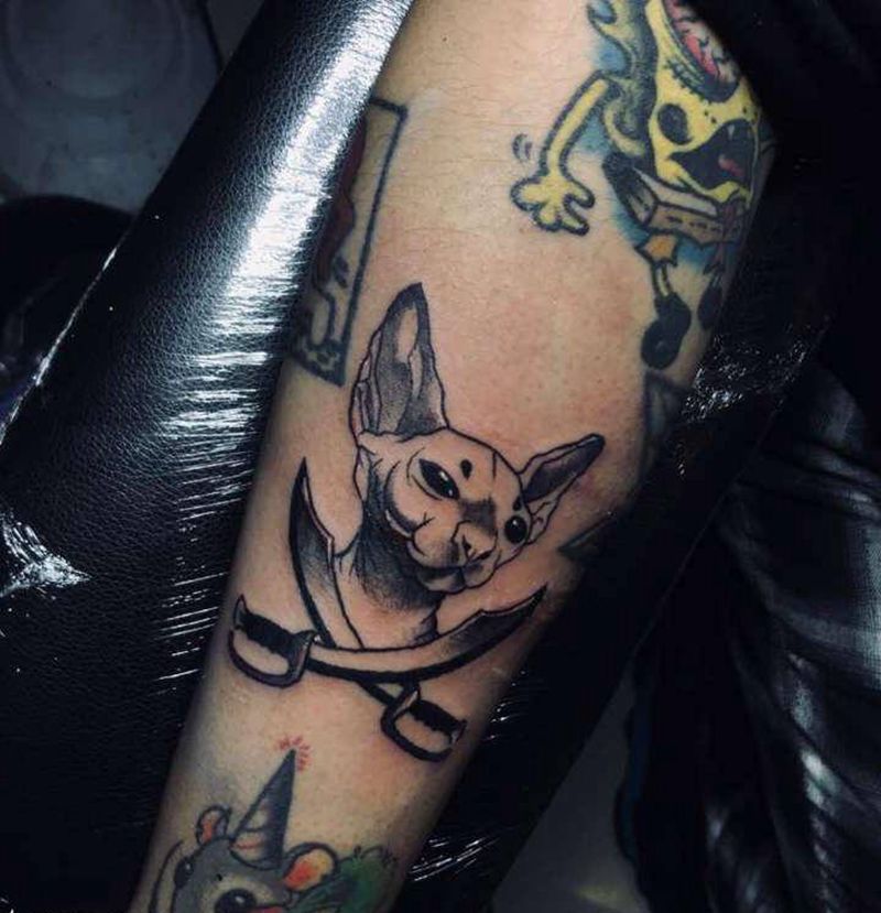 司芬克斯纹身图片_手臂Old School司芬克斯猫刀纹身图案