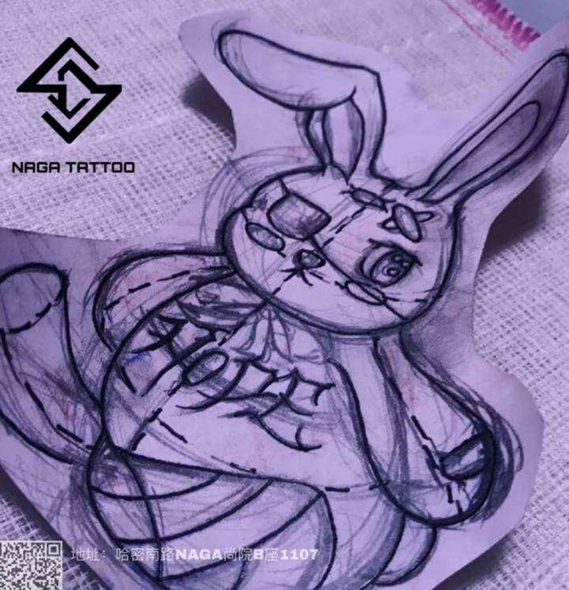 受伤兔纹身图片_手臂点刺兔子暗黑纹身图案