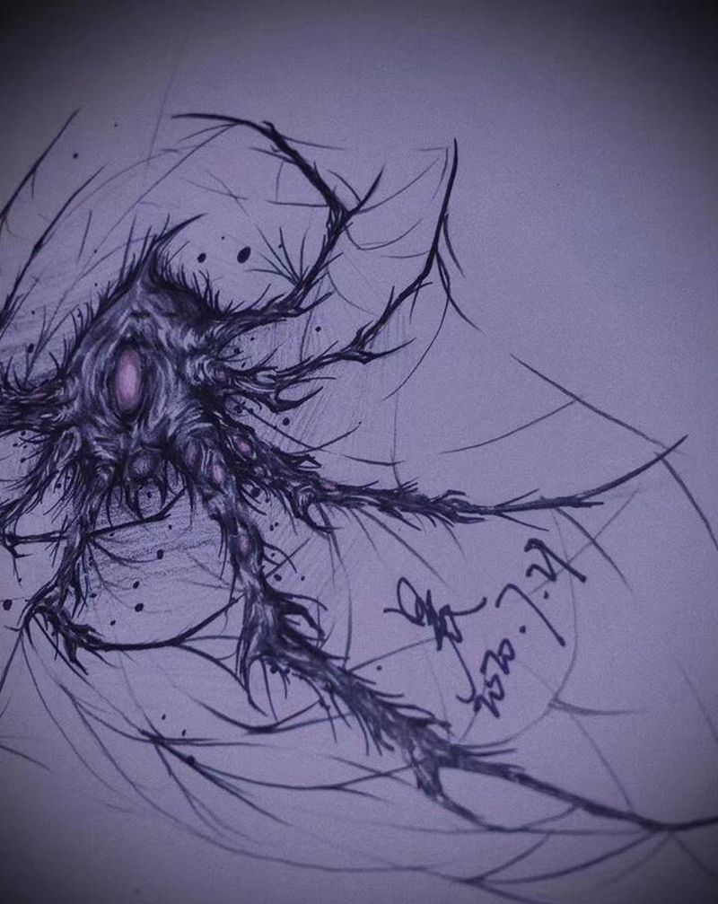 原创暗黑蜘蛛手稿纹身图片_手臂点刺水墨蜘蛛暗黑纹身图案