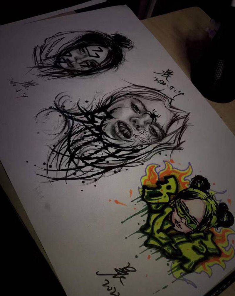 原创肖像系列组图手稿纹身图片_手臂背部欧美写实花体字肖像写实花体字纹身图案