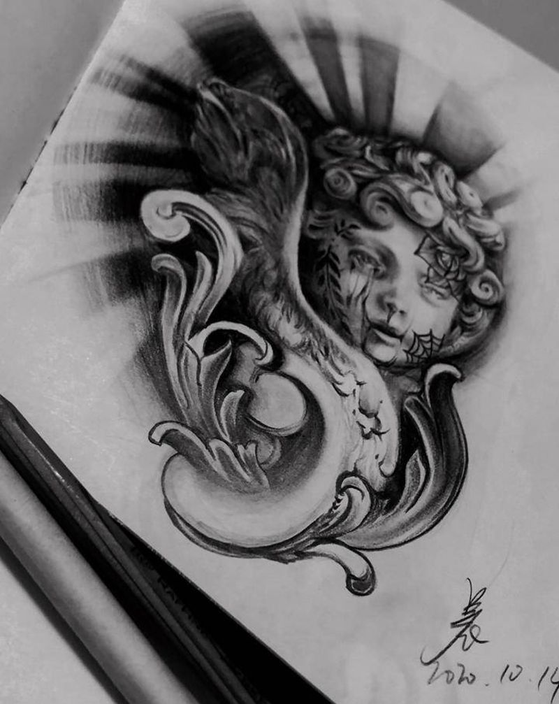 暗黑雕塑写实手绘手稿纹身图片_背部胸部欧美写实Old School雕塑暗黑写实纹身图案