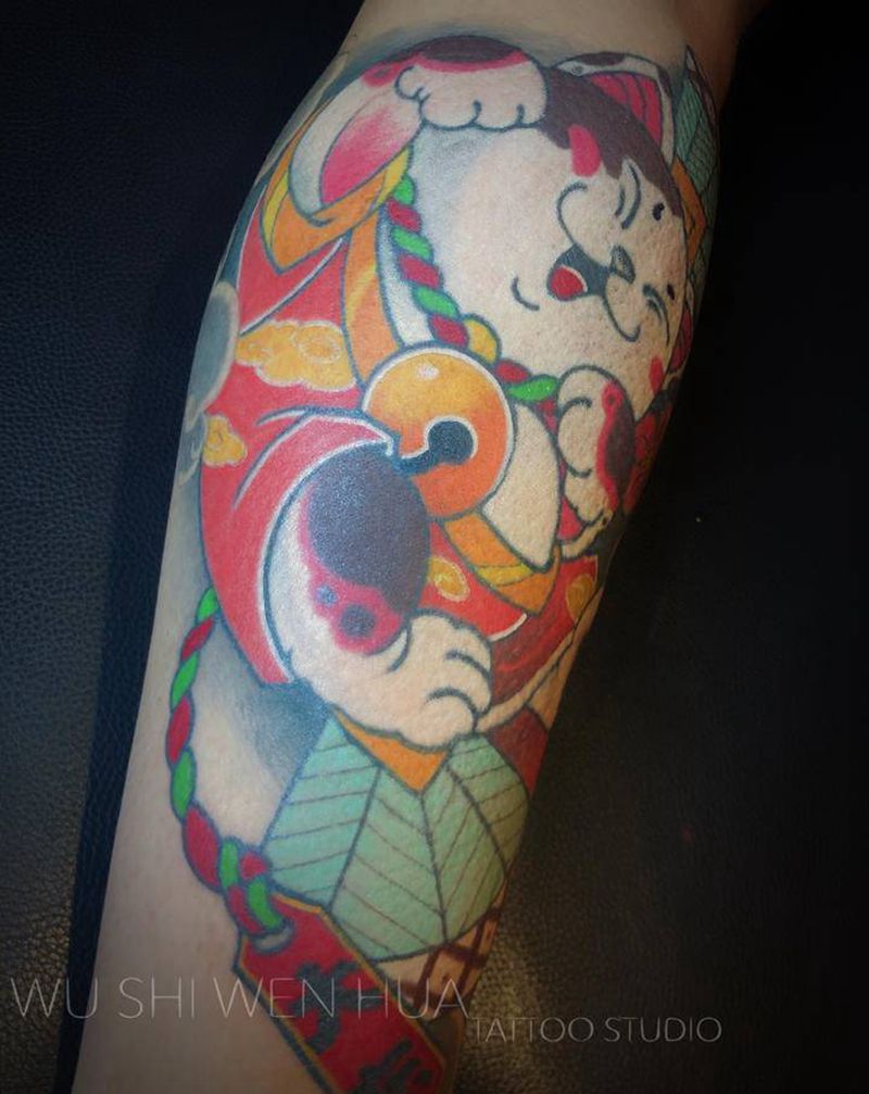 招财猫纹身图片_腿部手臂新传统老传统纹身图案