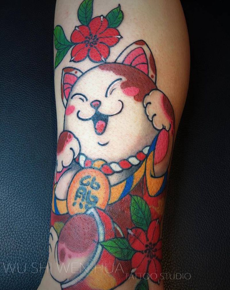 招财猫纹身图片_手臂腿部新传统老传统纹身图案
