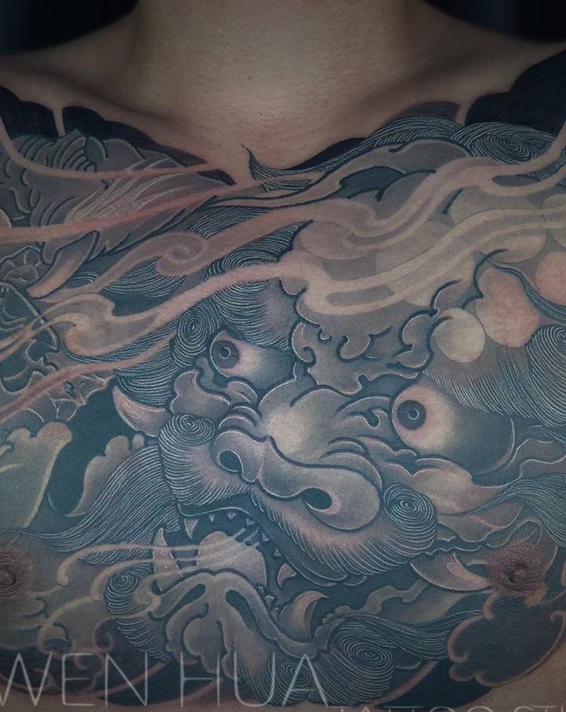 花胸唐狮纹身图片_肩部胸部新传统老传统纹身图案