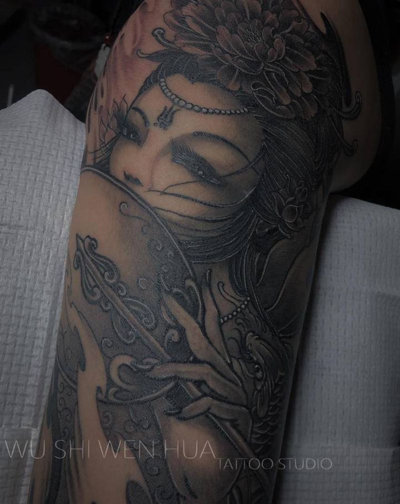 艺妓纹身图片_肩部手臂老传统新传统纹身图案