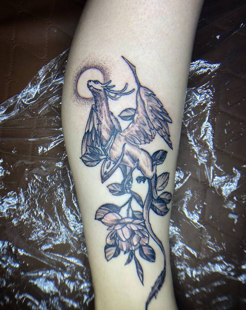 小翼龙纹身图片_脚部腿部点刺纹身图案