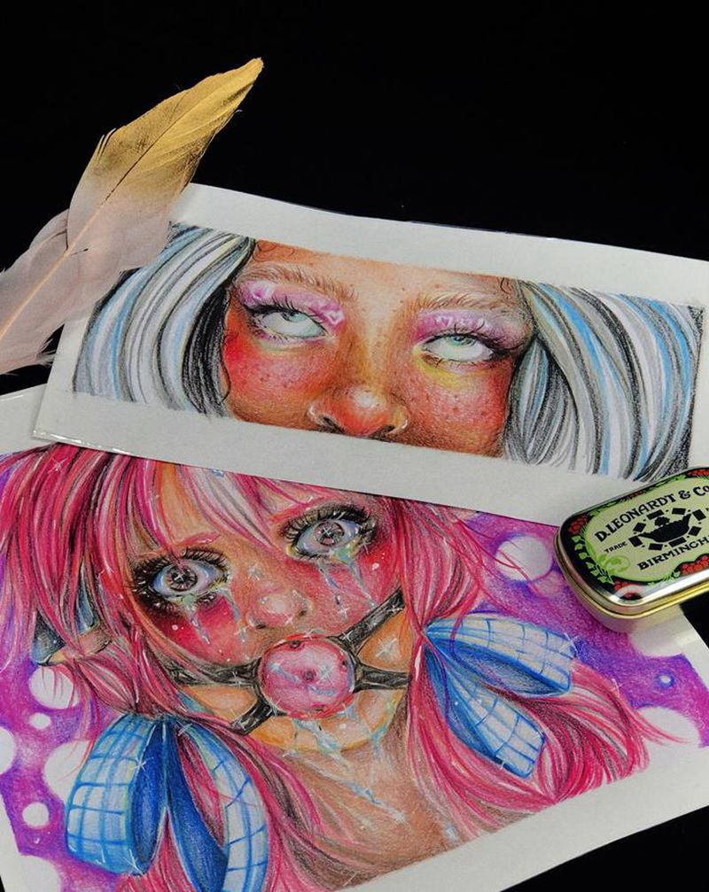 甜丧少女原创手稿纹身图片_手臂肩部欧美写实New School纹身图案