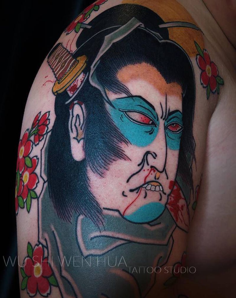 生首纹身图片_肩部手臂老传统新传统纹身图案