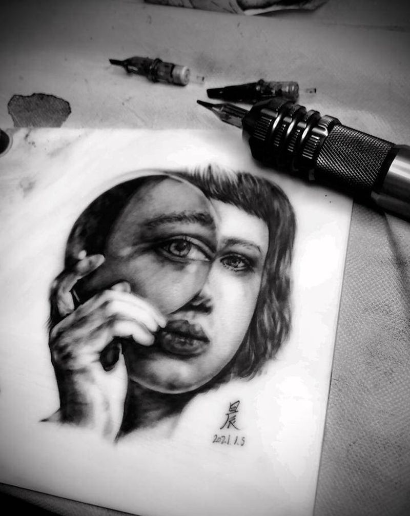 肖像女人练习纹身图片_手臂肩部欧美写实纹身图案