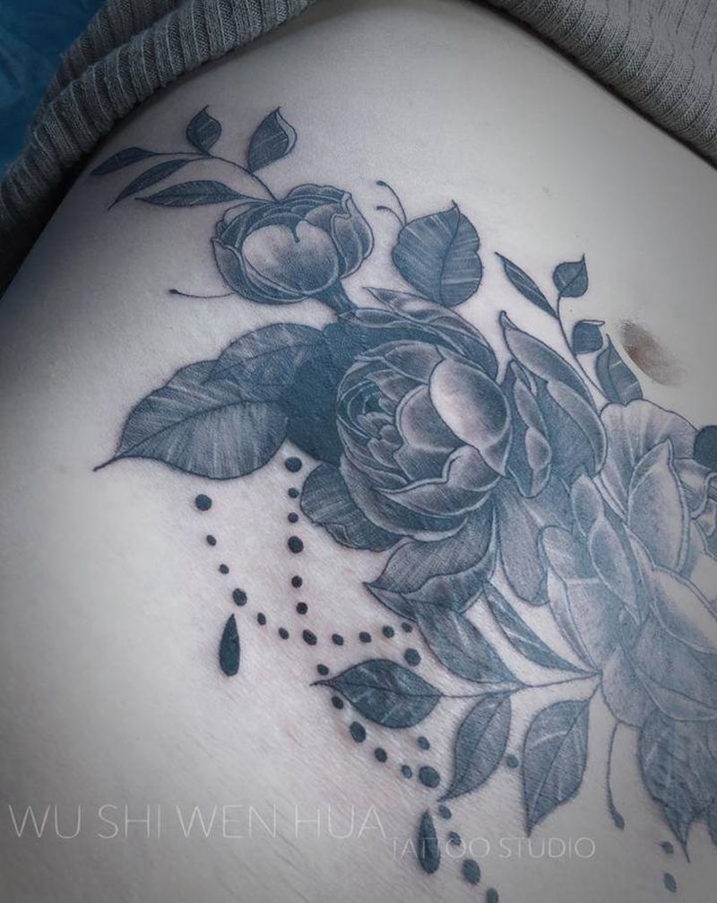 素花纹身图片_腰部腹部点刺纹身图案