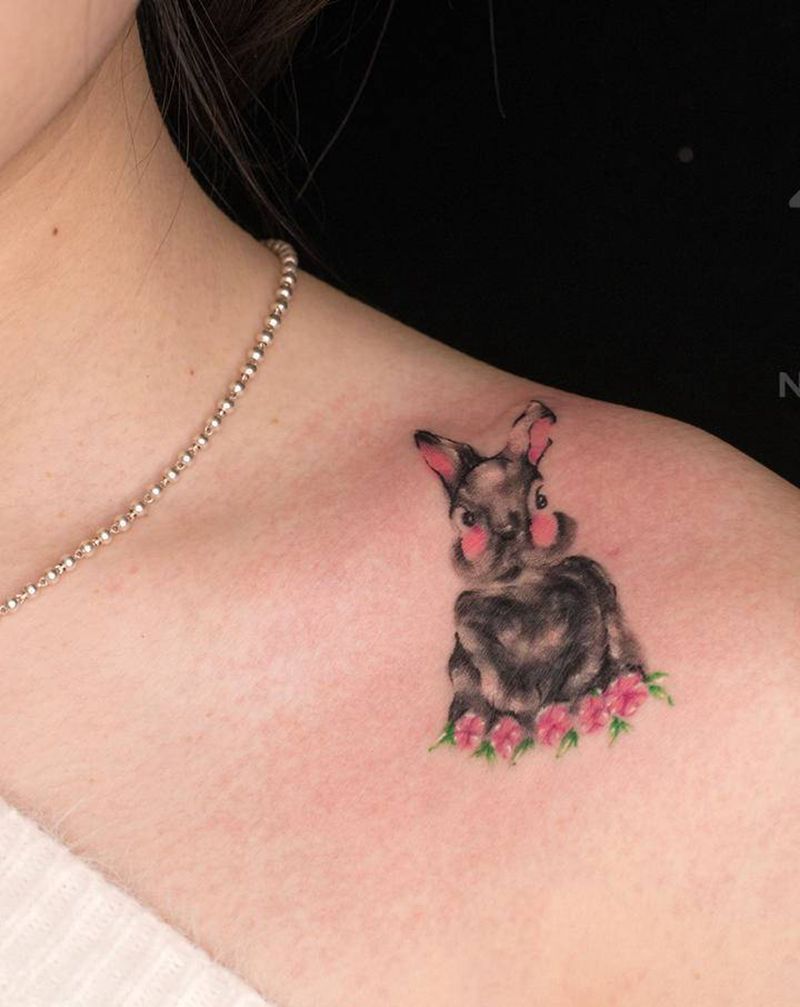 兔子遮盖纹身图片_肩部水墨兔子小清新遮盖纹身图案