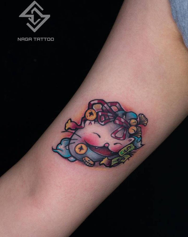 原创招财猫钱袋纹身图片_手臂New School钱袋招财猫纹身图案