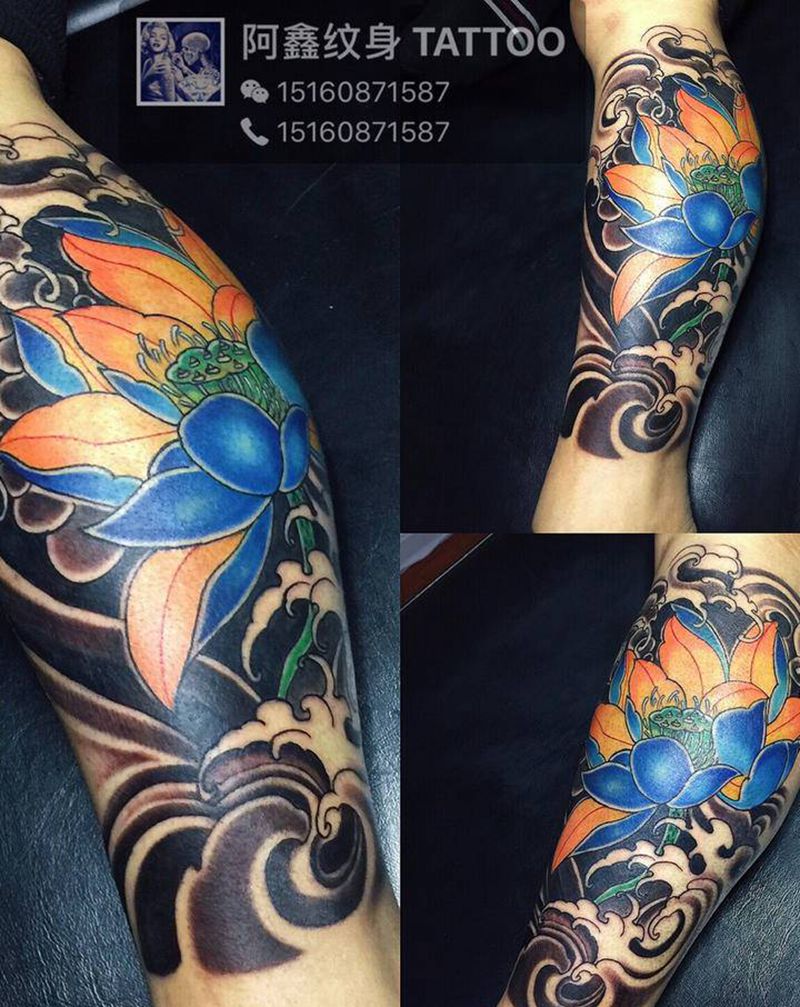 小腿荷花纹身图片_腿部纹身图案