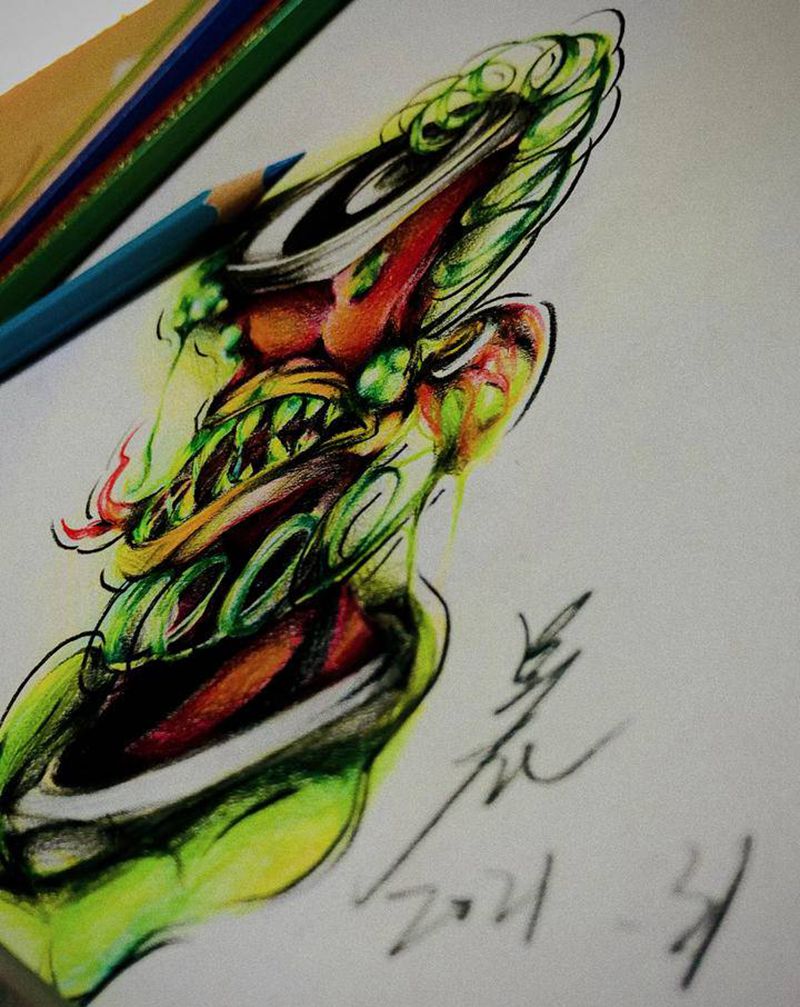 原创手稿纹身图片_手臂腿部New School水彩纹身图案