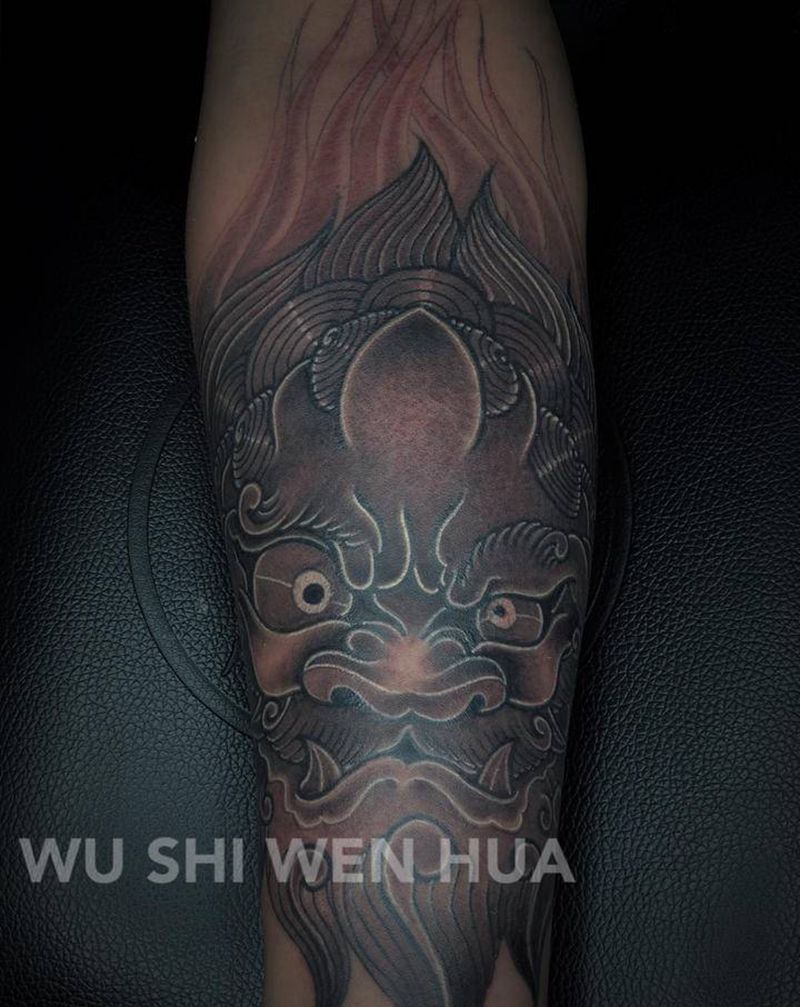 唐狮头纹身图片_手臂新传统老传统纹身图案