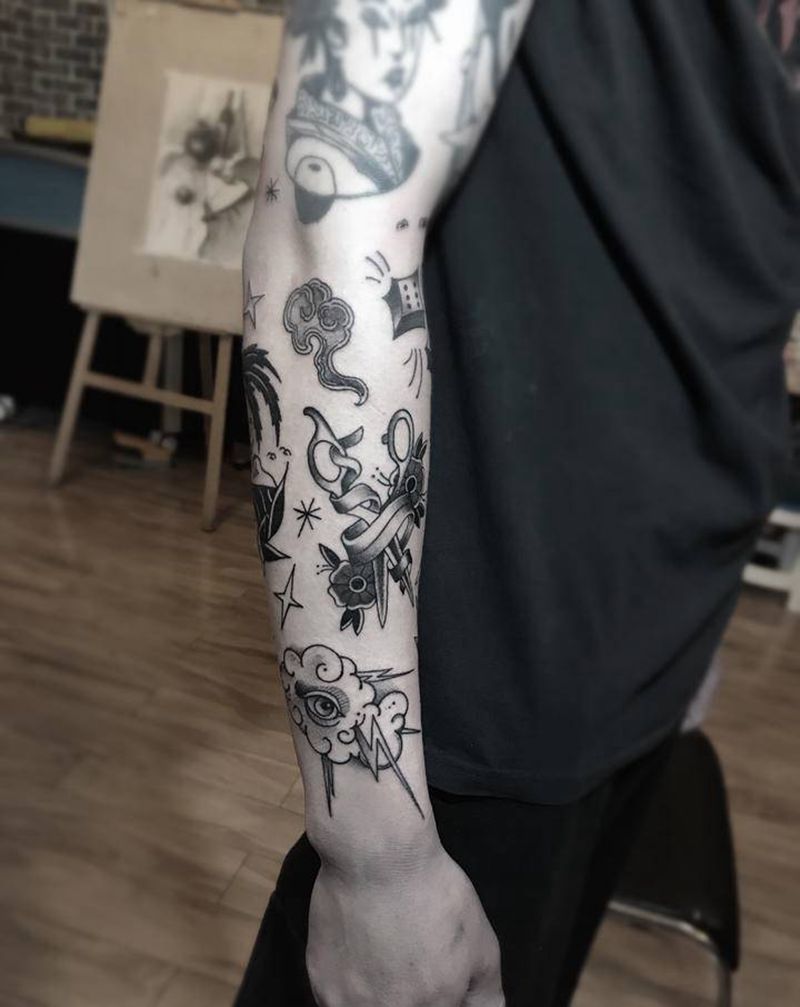 拼接花臂纹身图片_Old School纹身图案