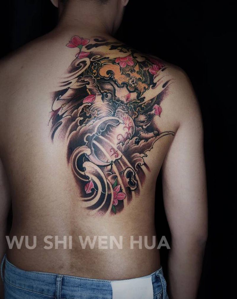 象神纹身图片_肩部背部新传统纹身图案