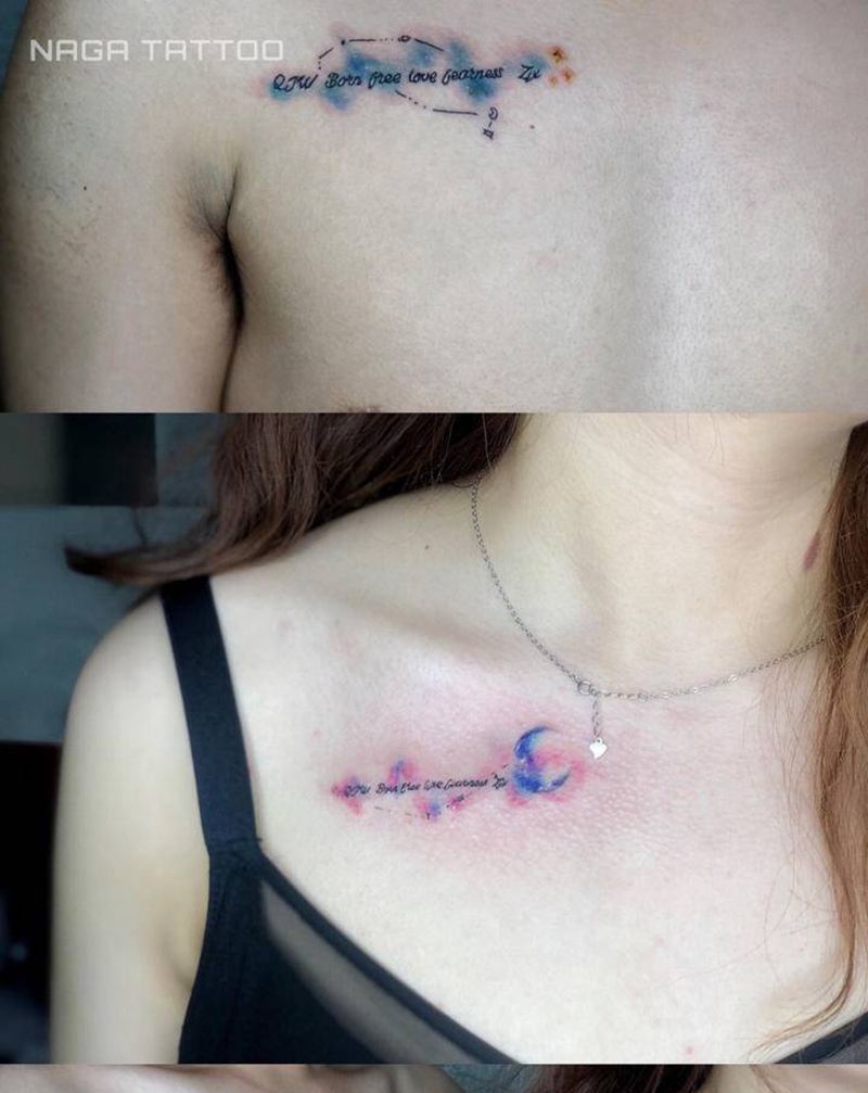 情侣水墨纹身图片_胸部水彩水墨纹身图案