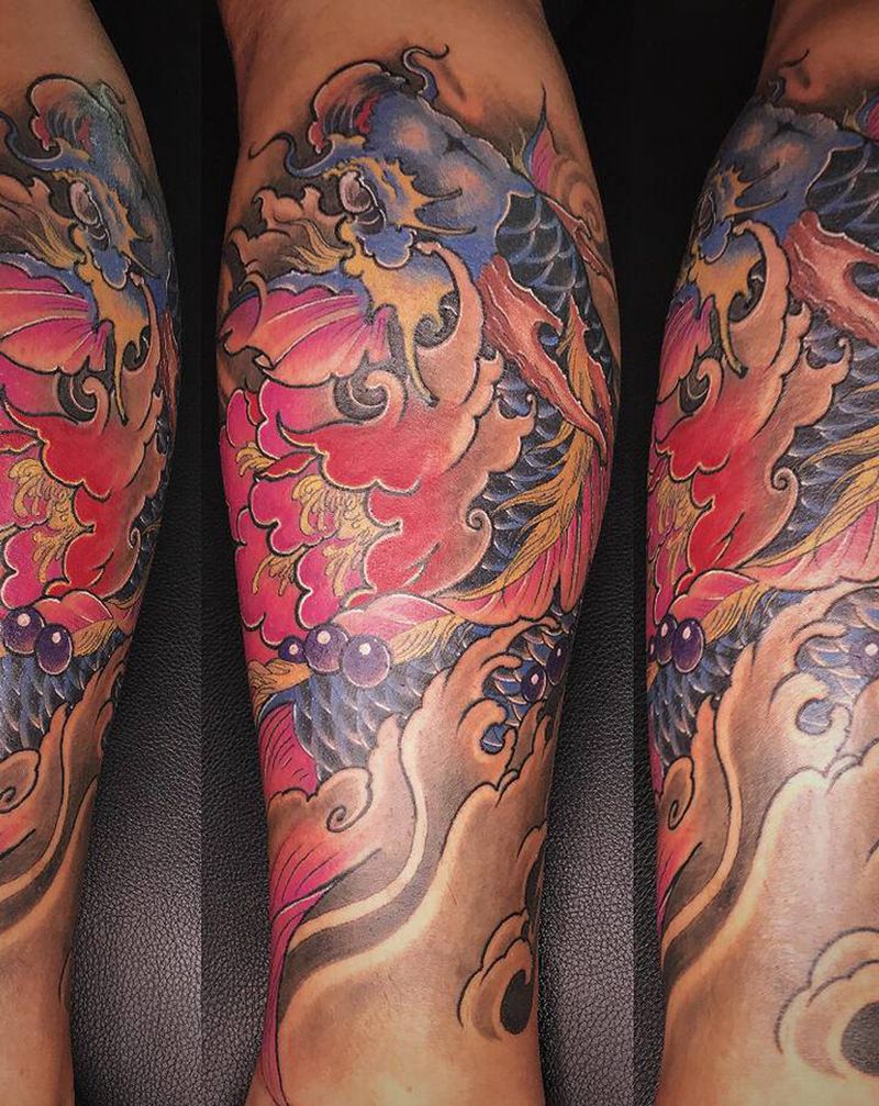 鳌鱼纹身图片_腿部新传统纹身图案