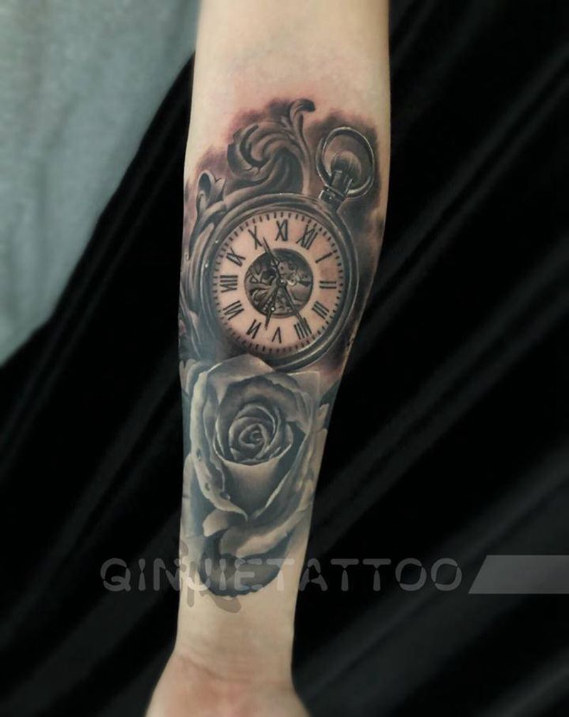 父爱（2）纹身图片_手臂欧美写实玫瑰 钟表纹身图案