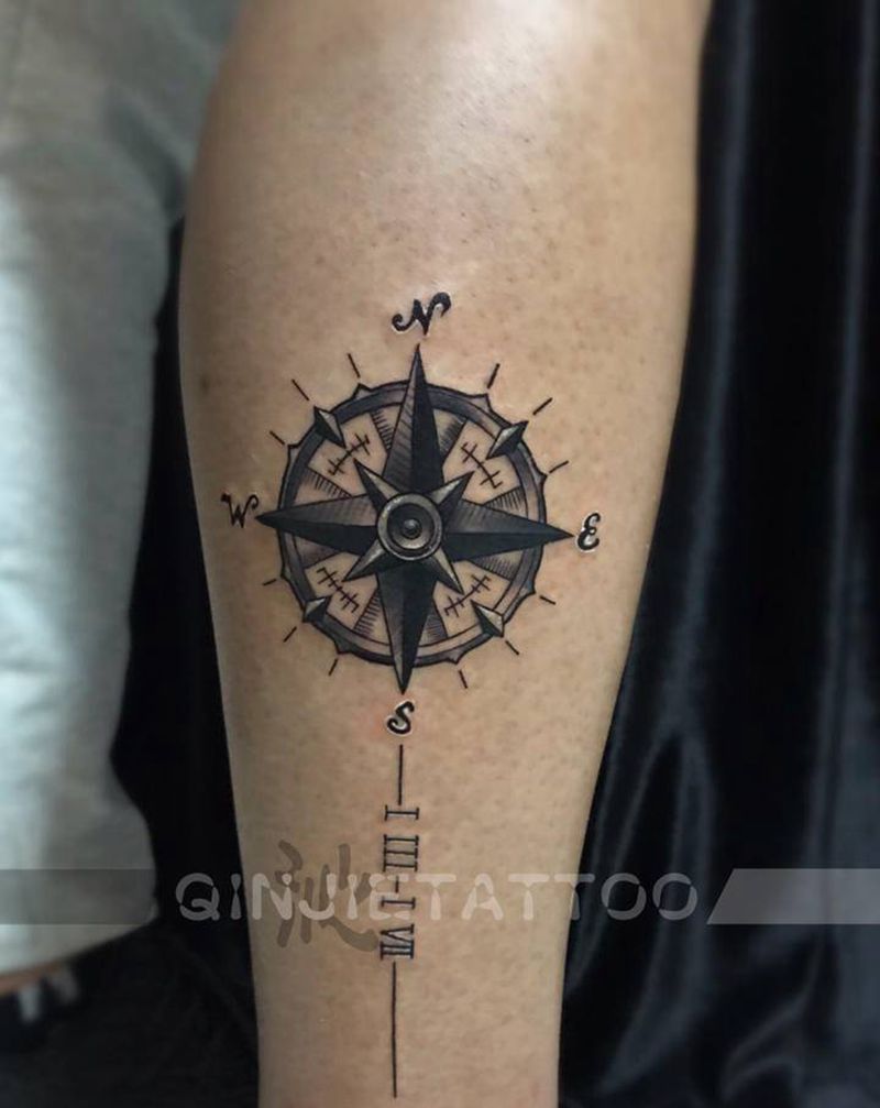 指南针纹身图片_腿部图腾指南针清新纹身图案