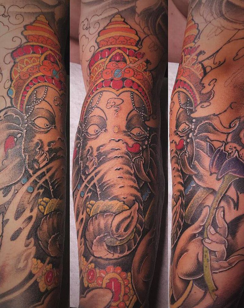 象神纹身图片_手臂新传统花臂衔接纹身图案