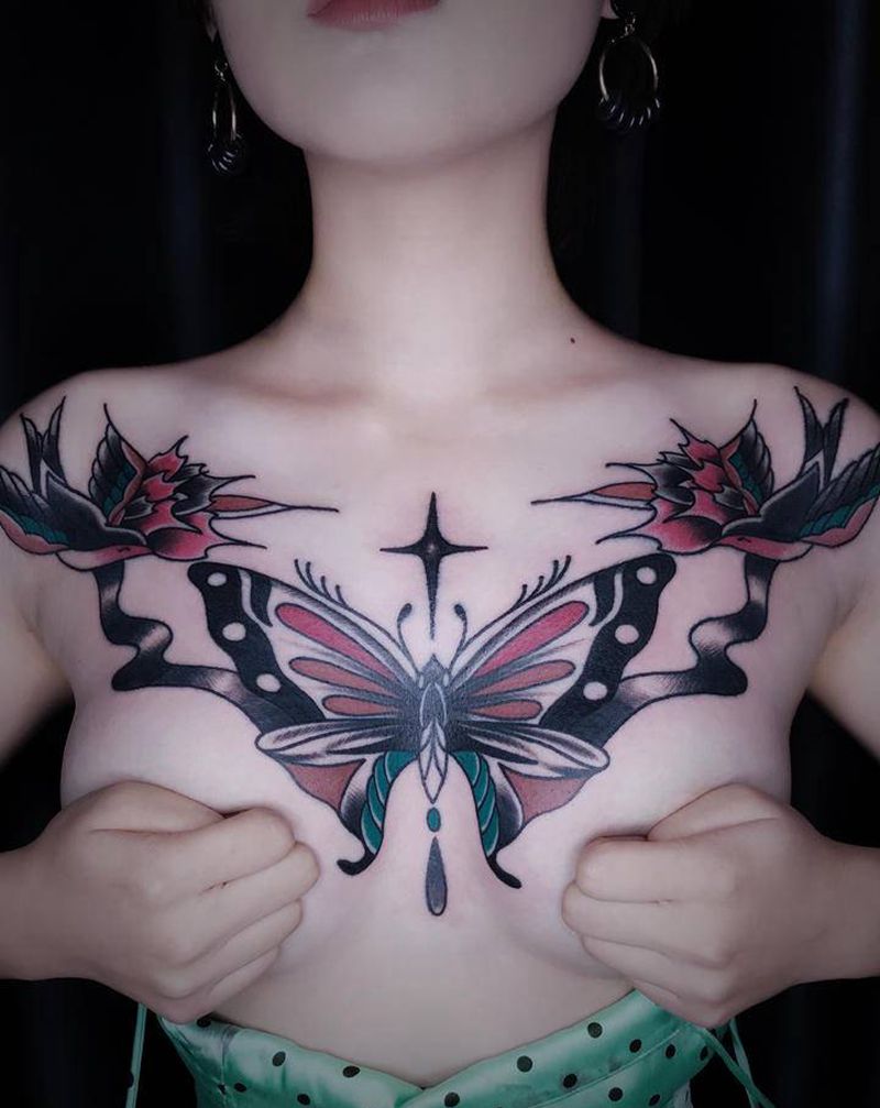 花胸纹身图片_胸部肩部Old SchoolNew School蝴蝶燕子玫瑰纹身图案